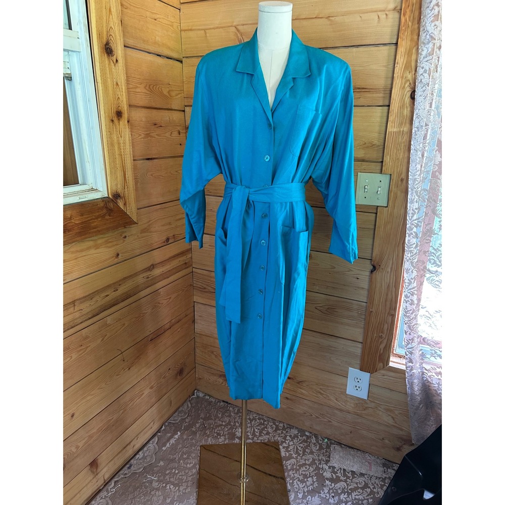 Vintage Silk Shirt Dress Women Size 14 Turquoise Teal Blue Midi Michel Laurent